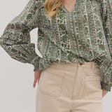 Floral Long Sleeve Top in Olive