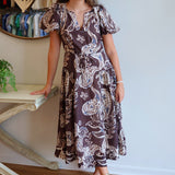 Paisley Print Puff Sleeve Midi in Chocolate