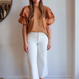 Crew Neck Jersey Top with Poplin Bubble Sleeve