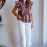 Flutter Sleeve Floral Smocking Top in Brown