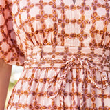 The Chainlink Printed Puff Sleeve Midi Dress in Pink