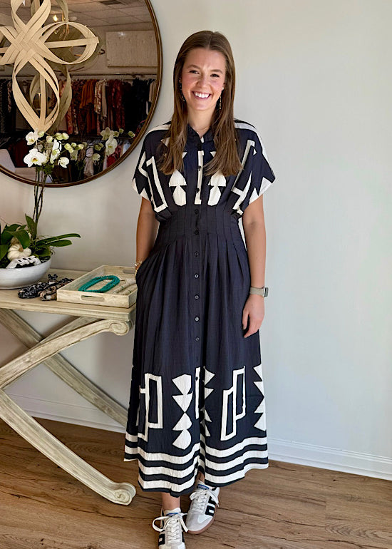 geo midi dress Geo Print Button Down Shirt Midi Dress - SMALL / YELLOW