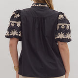 Puff Sleeve Embroidered Top in Black