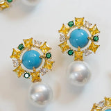 Palm Beach Glam Vintage Pearl Turquoise Statement Earrings