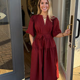 Textured Woven Bubble Sleeve Midi Dress in Crimson