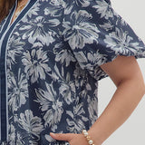 Navy Floral Bubble Sleeve Dress