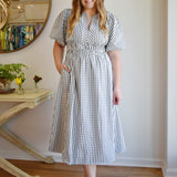 Checkered Elastic Waist Puff Sleeve Midi Dress