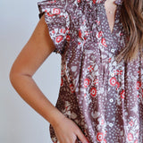 Flutter Sleeve Floral Smocking Top in Brown
