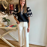Puff Sleeve Embroidered Top in Black