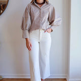 Brown Pinstripe Puff Sleeve Top