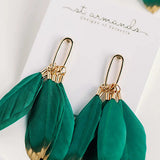 Emerald Gold Dipped Fall Feather Tassel Statement Earrings