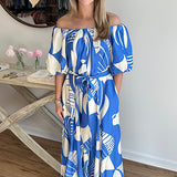 JADE Off-Shoulder Dress in Blue Deco