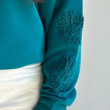 Esqualo Modal Top with Embroidered Floral Sleeve Detail