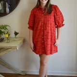 Pintuck Scalloped Eyelet Puff Sleeve Mini Shirt Dress