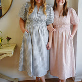 Checkered Elastic Waist Puff Sleeve Midi Dress
