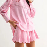 EMBROIDERED Pink LINEN SET WITH BELT