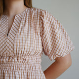 Checkered Elastic Waist Puff Sleeve Midi Dress
