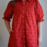 Pintuck Scalloped Eyelet Puff Sleeve Mini Shirt Dress