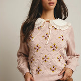 Embroidered Puff Sleeve Knit Sweater