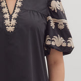 Puff Sleeve Embroidered Top in Black