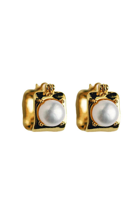 RESTOCKING! Vintage Mini Square Gold Pearl Huggie Hoop Earrings