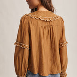 Embroidered Ruffle Collar Cotton Blouse