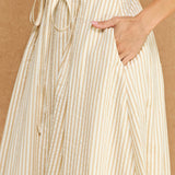 Striped A-Line Seersucker Pleat Midi Skirt