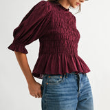 SMOCKED PEPLUM PUFF SLEEVE TOP