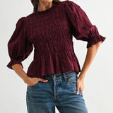 SMOCKED PEPLUM PUFF SLEEVE TOP