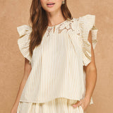 Striped Floral Crochet Lace Yoke Flutter Sleeve Top