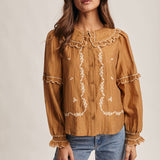 Embroidered Ruffle Collar Cotton Blouse