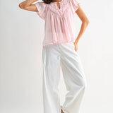 FLUTTER SLEEVE GATHERED NECK DETAIL BLOUSE